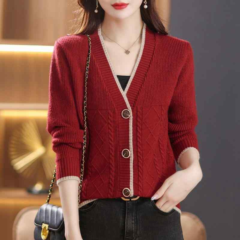 ニット カーディガン レディース Vネック 長袖 ひし形柄 ライン入り 春秋 上品 きれいめ 通勤 オフィス アウター ミセス 大人女性 アクリル素材