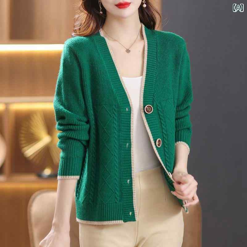 ニット カーディガン レディース Vネック 長袖 ひし形柄 ライン入り 春秋 上品 きれいめ 通勤 オフィス アウター ミセス 大人女性 アクリル素材