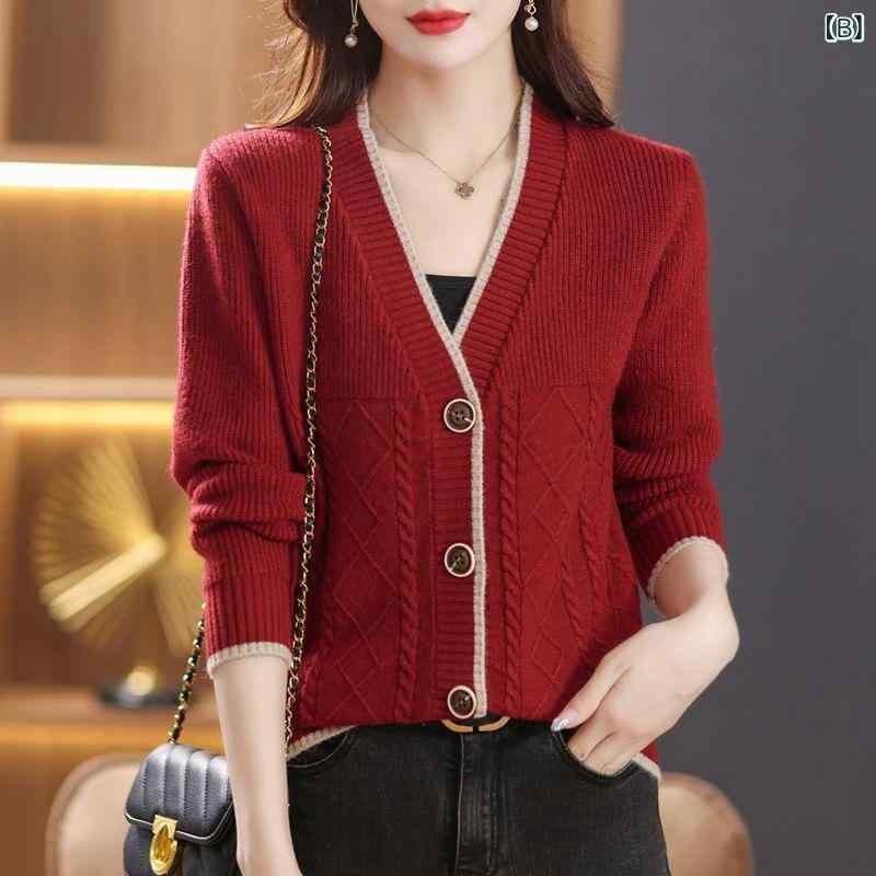 ニット カーディガン レディース Vネック 長袖 ひし形柄 ライン入り 春秋 上品 きれいめ 通勤 オフィス アウター ミセス 大人女性 アクリル素材