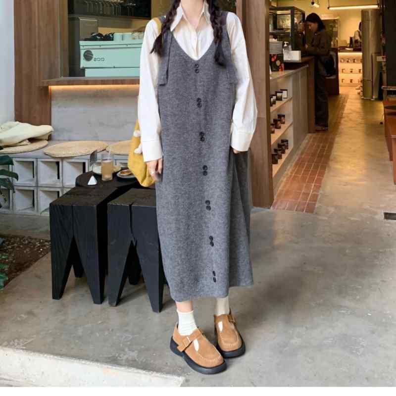 V-Neck - ニットキャミワンピース レディース 秋冬 韓国 重ね着 レイヤード プルオーバー ゆったり ルーズ ロング丈 Vネック ノースリーブ スタイルアップ 着痩せ アクリル 無地 カジュアル 普段使い