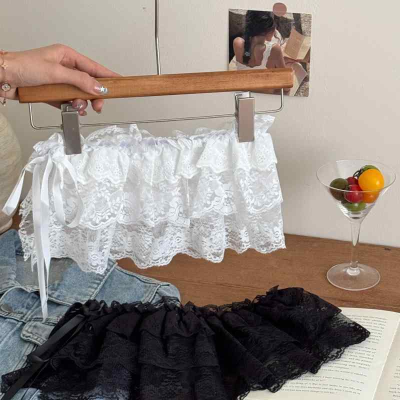 ミニスカート レディース 凝った ストラップ レースフリル ショート丈 ペプラム フレアヘム 春夏秋冬 ポリエステル素材 微ストレッチ 不規則ヘム 白 黒(4)