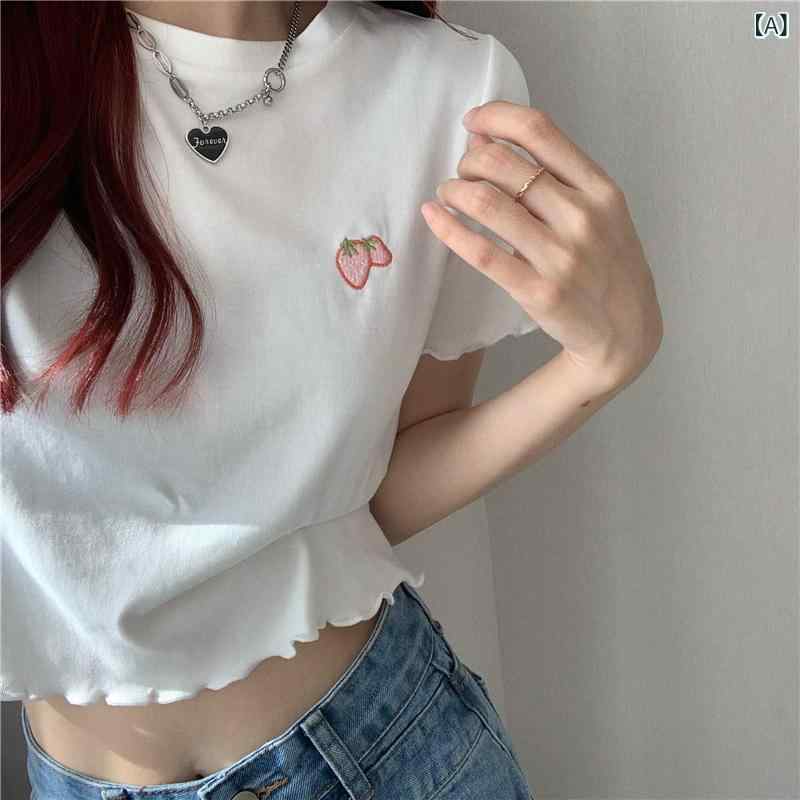 Tシャツ レディース スリムフィット クロップド丈 半袖 刺繍 メロウフリル フルーツ柄 再生繊維 ポリエステル ラウンドネック 春夏 大人かわいい きれいめ 普段使い