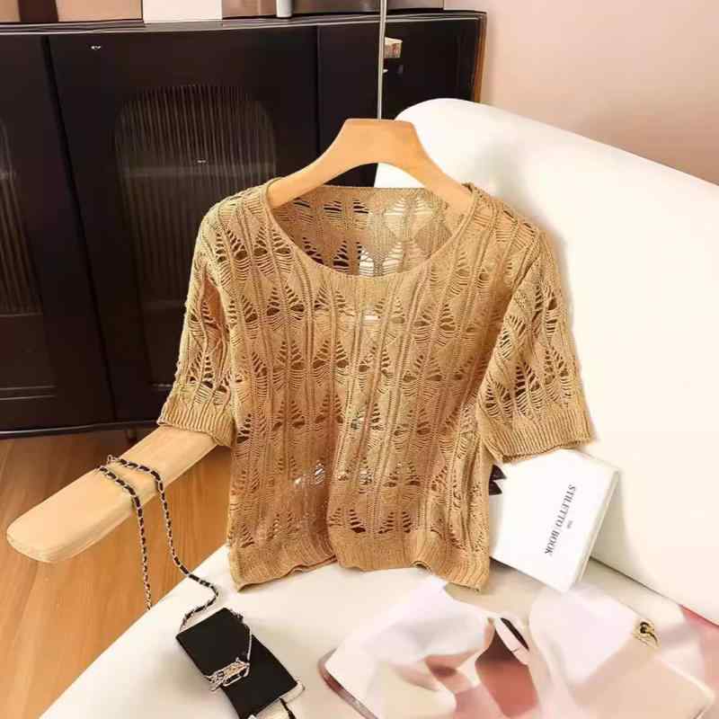 V-Neck - Tシャツ レディース 女性用 Vネック ジャカード織り ニット 透かし編み 半袖 綿麻混 コットンリネン ゆったり ルーズフィット 菱形柄 上品 エレガント カジュアル プルオーバー トップス 春夏 普段使い