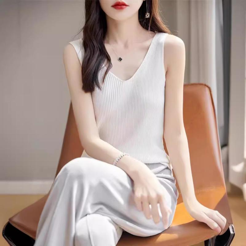 キャミソール レディース Vネック 接触冷感 薄手 ニット リブ編み タンクトップ スリムフィット 伸縮性..