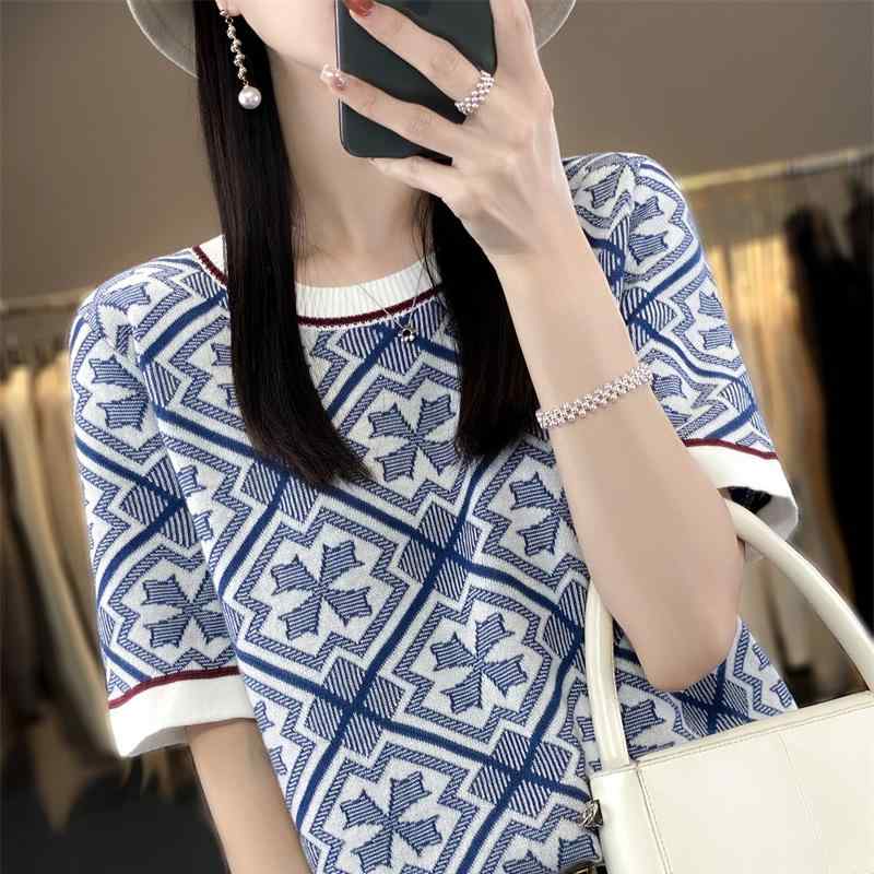 Tシャツ レディース 春夏 綿 純綿ニット 半袖 青花磁器柄 おしゃれ 個性的 ラウンドネック トップス カジュアル ゆったり ルーズフィット リブ編み レトロ ヴィンテージ風