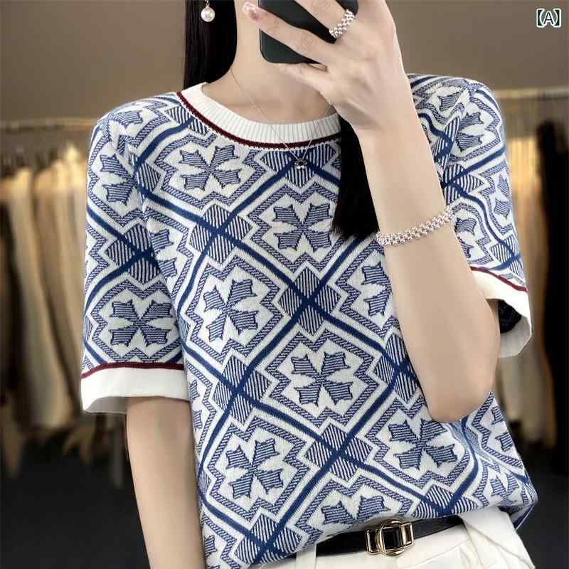 Tシャツ レディース 春夏 綿 純綿ニット 半袖 青花磁器柄 おしゃれ 個性的 ラウンドネック トップス カジュアル ゆったり ルーズフィット リブ編み レトロ ヴィンテージ風