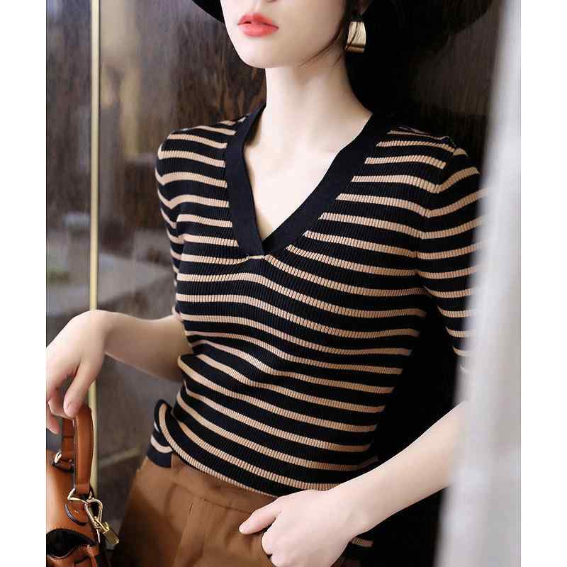 V-Neck - ニットTシャツ レディース 着痩せ効果抜群 半袖 Vネック フレンチスタイル 配色ボーダー スリムフィット 綿 コットン トップス 春夏 カジュアル ブラウン ベージュ