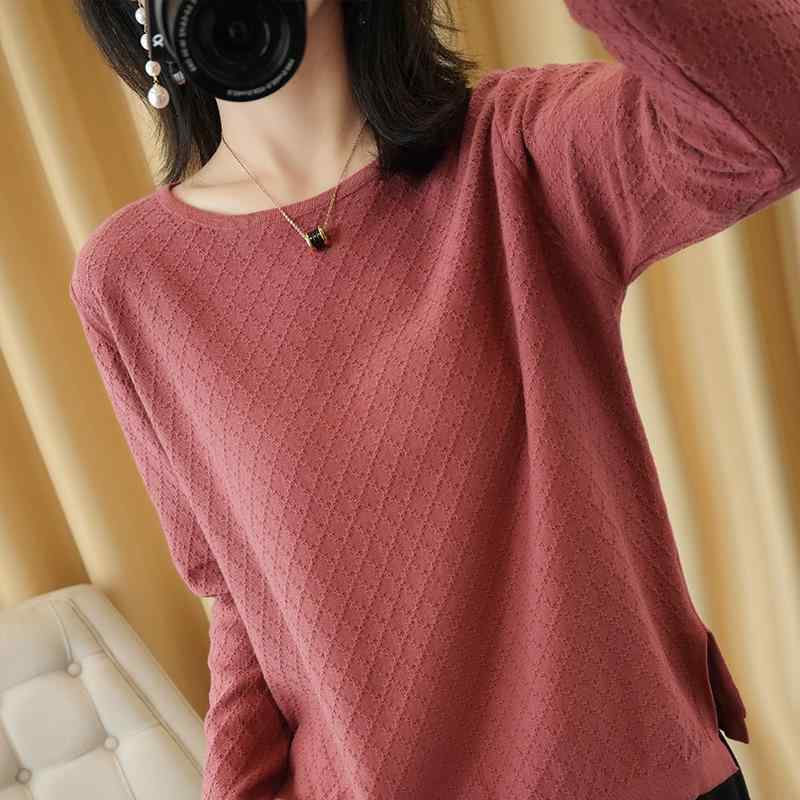 Crew Neck - ニット レディース 秋 綿 コットン 薄手 ライトニット 透かし編み スリット ラウンドネック クルーネック 丸首 ゆったり ルーズ リラックス 長袖 トップス セーター 普段使い