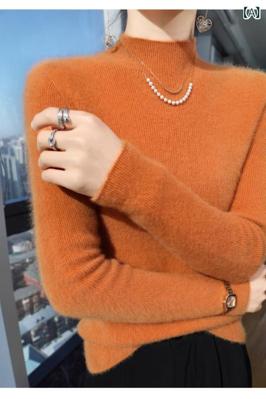 Turtleneck - ニット レディース ハイネック モックネック スリムフィット タイト 保温 シームレス インナー 重ね着 オフィス カジュアル 通勤 きれいめ ポリエステル 無地 長袖 秋冬 プルオーバー 着回し