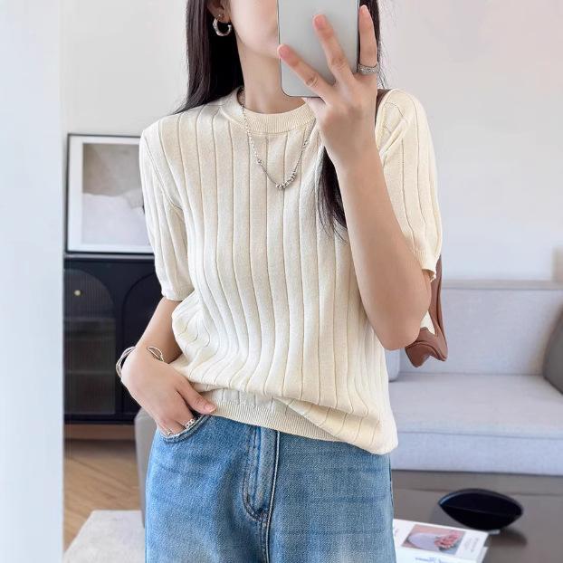 Crew Neck - ニット レディース 春夏 五分袖 薄手 リブ プルオーバー 着痩せ 綿 コットン ラウンドネック 丸首 通勤 オフィス きれいめ カジュアル 普段使い 快適 トップス