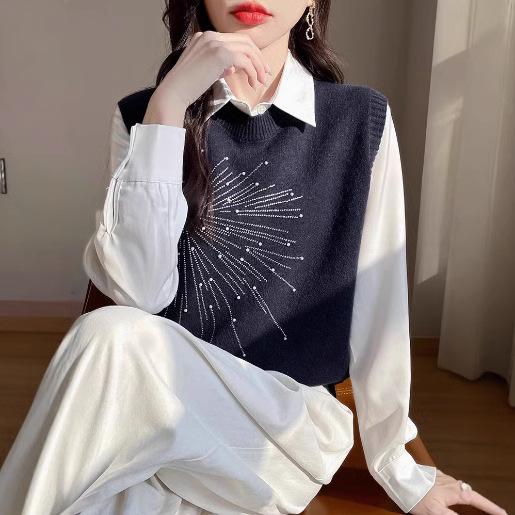 Crew Neck - ニットベスト レディース 女性用 ラウンドネック ノースリーブ プルオーバー ゆったり ルーズフィット 大人エレガント きらきら ラインストーン パールビーズ 重ね着 秋冬 通勤 オフィス トップス