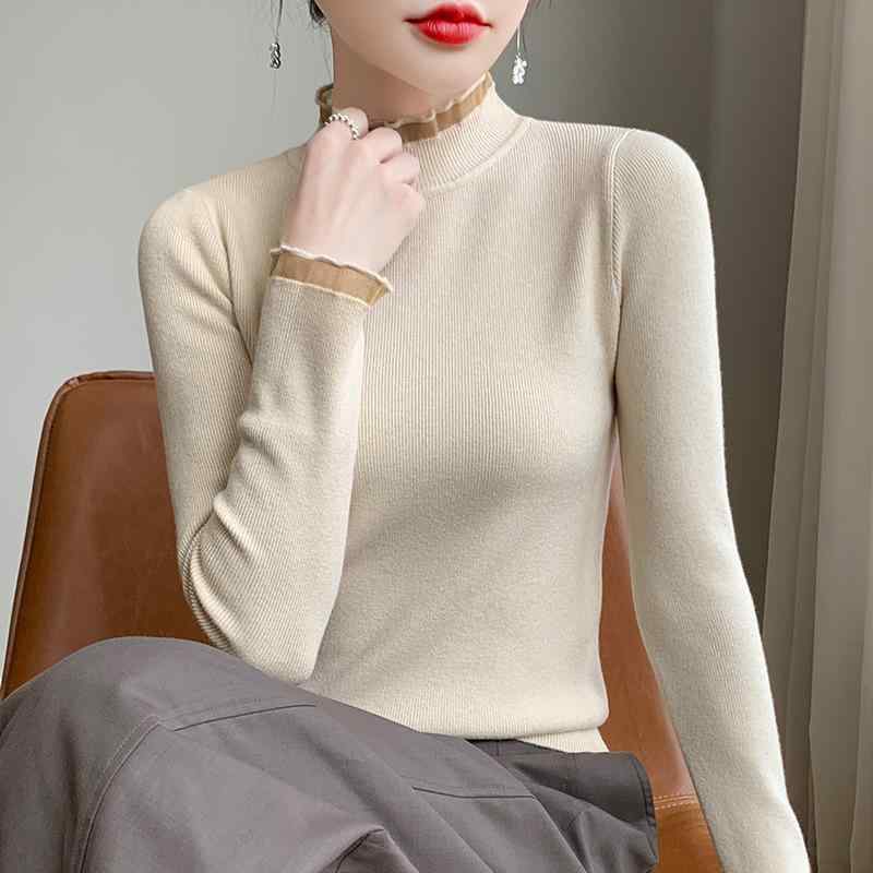 Turtleneck - ニット レディース レース襟 ハイネック 長袖 メッシュ スリムフィット プルオーバー 細見え インナー 重ね着 トップス ポリエステル 無地 きれいめ カジュアル 普段使い 秋冬