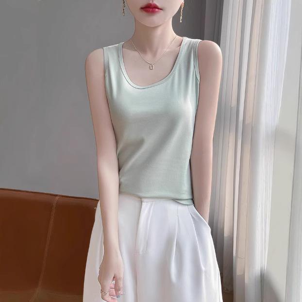 ニット レディース 春夏 コットン Uネック ノースリーブ 薄手 無地 スリムフィット 着回し インナー マカロンカラー 伸縮性 通勤 オフィス きれいめ