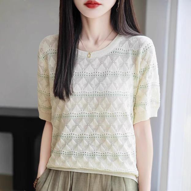 Crew Neck - Tシャツ レディース 接触冷感 ラウンドネック ストライプ柄 半袖 ニット 薄手 透かし編み 着痩せ 着回し カジュアル トップス プルオーバー レギュラー丈 春夏
