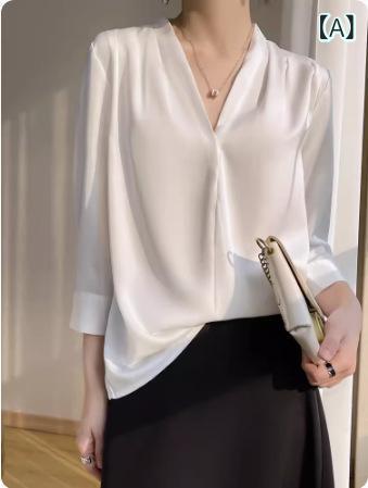 ブラウス レディース 春夏 Vネック プルオーバー 調 アセテート 長袖 レギュラー丈 ルーズフィット 無地 エレガント 上品 きれいめ オフィス カジュアル 着回し マカロンカラー