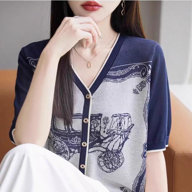 V-Neck - Tシャツ レディース レトロ ジャカード Vネック フェイクカーディガン 半袖 配 バイカラー テンセル リヨセル繊維 再生繊維 薄手 通気性 接触冷感 おしゃれ カジュアル 普段使い 春夏 ブルー