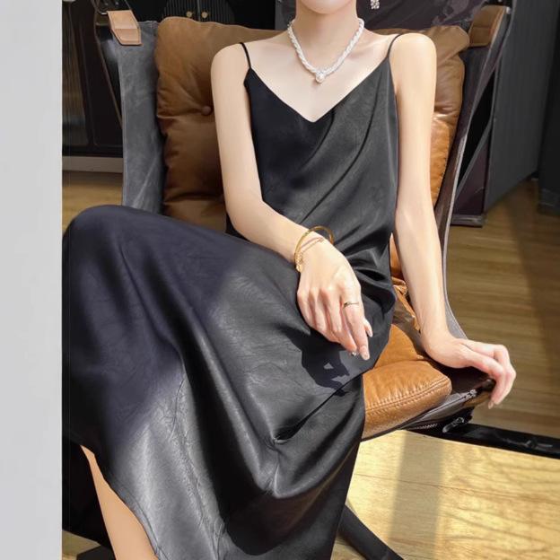 V-Neck - ワンピース レディース 新チャイナ風 サテン調 アセテート素材 Vネック キャミソール ロングワンピース ジャカード織り 刺繡 しわになりにくい エレガント 春夏 ブラック ゴールド