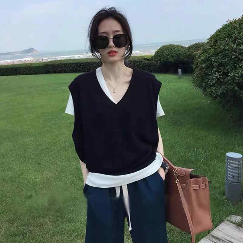 V-Neck - ニットベスト レディース 女性用 Vネック ウール 混 ゆったり ルーズ ノースリーブ セーターベスト スクールテイスト カレッジスタイル カジュアル 普段使い 重ね着 春秋冬 グレー ブラック