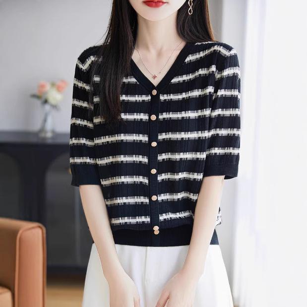 V-Neck - Tシャツ 春夏 Vネック ストライプ柄 半袖 接触冷感 テンセル ポリエステル ゆったり 着痩せ トップス きれいめ カジュアル 着回し 万能 通勤 オフィス アイボリー ブラック