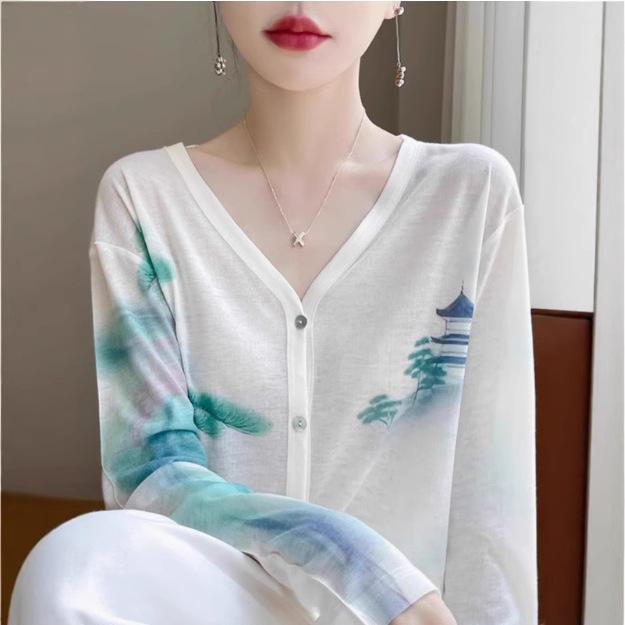 V-Neck - カーディガン レディース 春夏 Vネック グラデーション 水溶性プリント 手描き風 刺繍 薄手 軽量 ゆったり オーバーサイズ 長袖 テンセル素材 きれいめ カジュアル 通勤