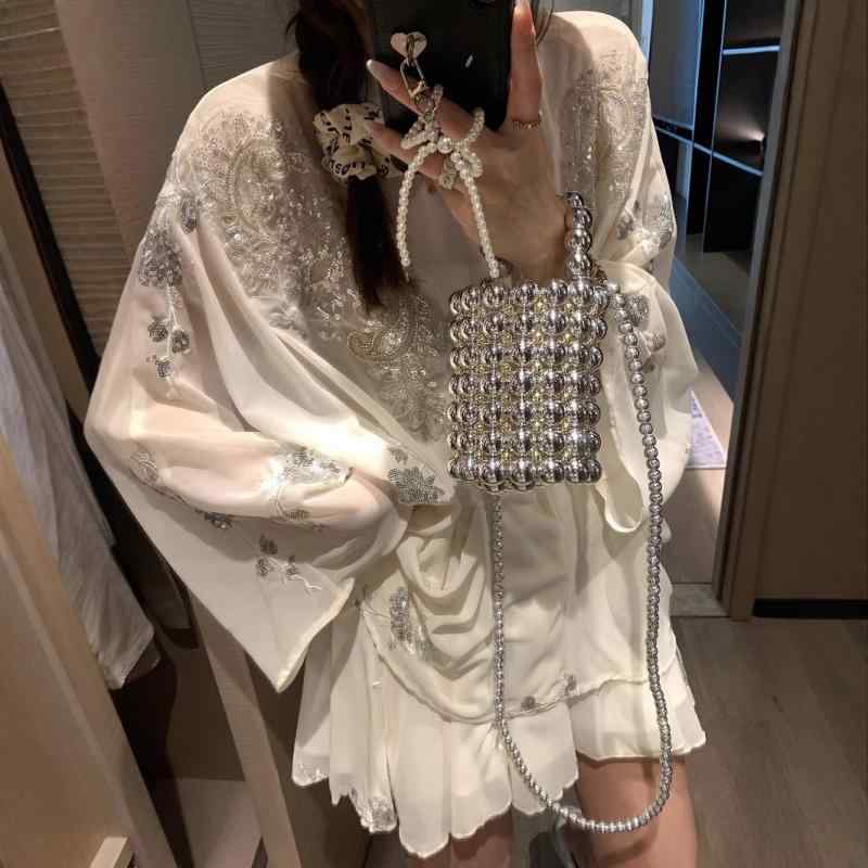 シャツ レディース 春夏 チャイナ風 刺繍 スパンコール スタンドカラー パールボタン シフォン ポリエステル 長袖 ブラウス タンクトップ付き 2点セット ホ...