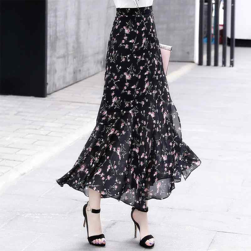 スカート レディース 春夏 シフォン マーメイドライン 小花柄 スリット フリル ハイウエスト 細見え エレガント きれいめ お出かけ 着痩せ効果 マキシ丈 ボトムス