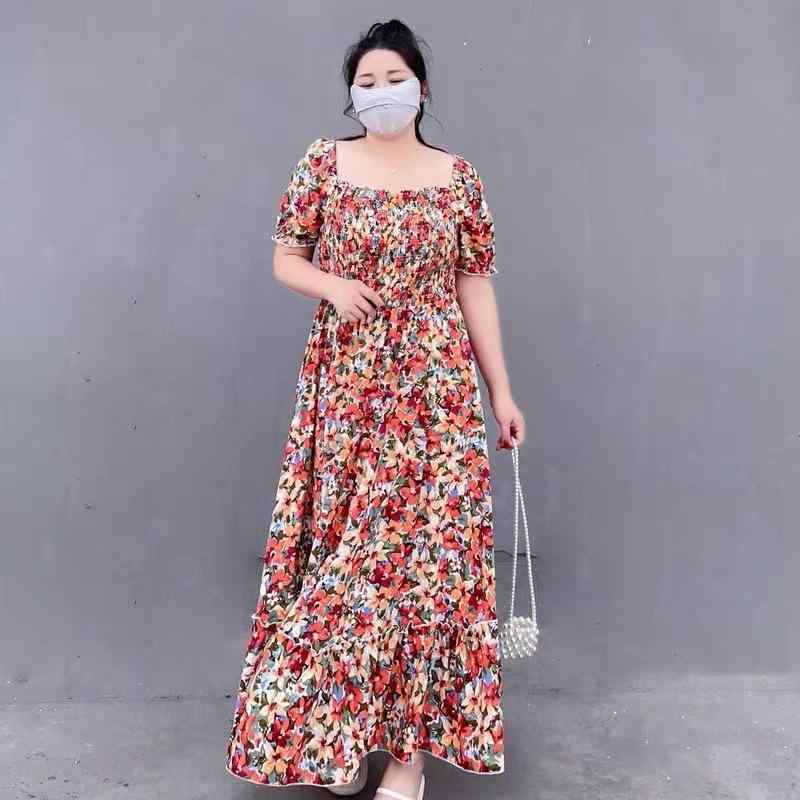 ワンピース レディース 大きいサイズ マキシ丈 赤 花柄 オフショルダー パフスリーブ 半袖 Aライン ハイウエスト 体型カバー リゾート ビーチ カジュアル フェミニン 春夏 ポリエステル