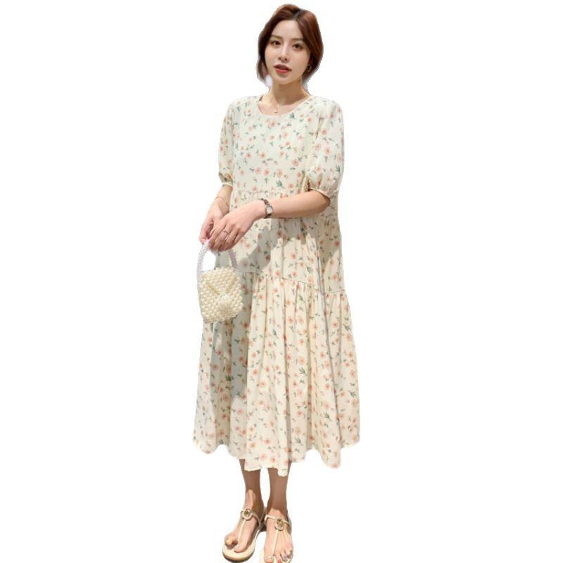 ワンピース レディース 大きいサイズ マタニティ 春夏 小花柄 シフォン素材 Aライン ゆったり 体型カバー 着痩せ マキシ丈 ラウンドネック 半袖 ランタンスリーブ エレガント フェミニン 上品 涼しい 普段使い