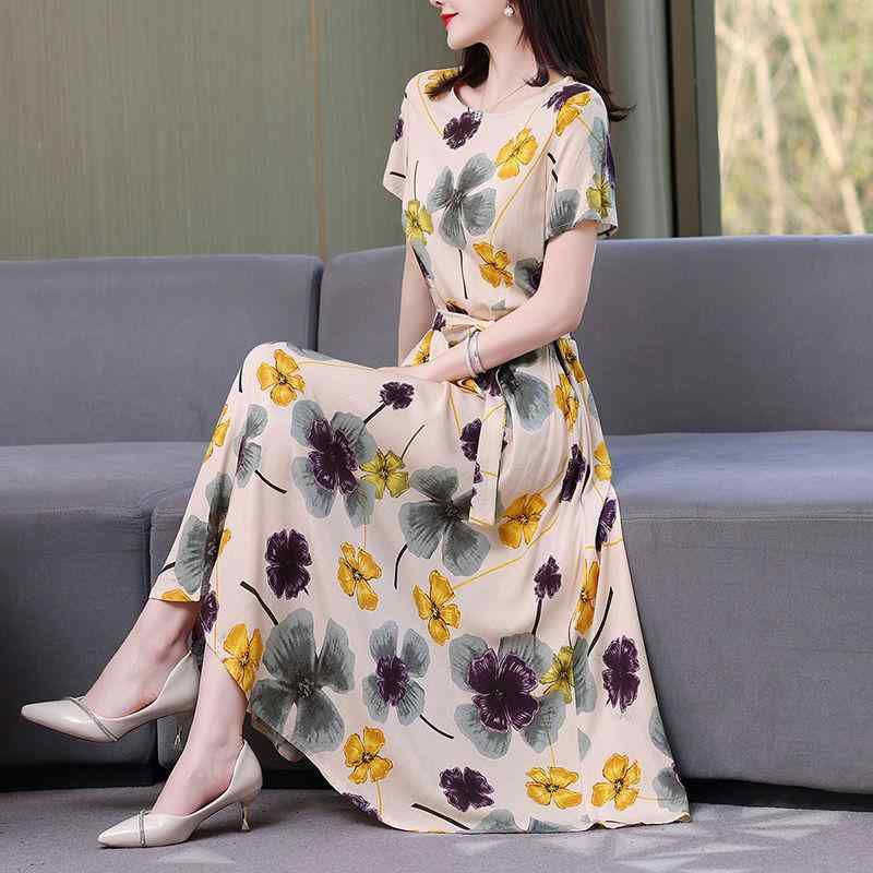 ワンピース レディース 再生繊維 綿レーヨン ポケット付き 春夏 ゆったり 大きいサイズ プラスサイズ 花柄 ロング丈 マキシ丈 ラウンドネック 半袖 デイリーユース ストリートファッション 体型カバー
