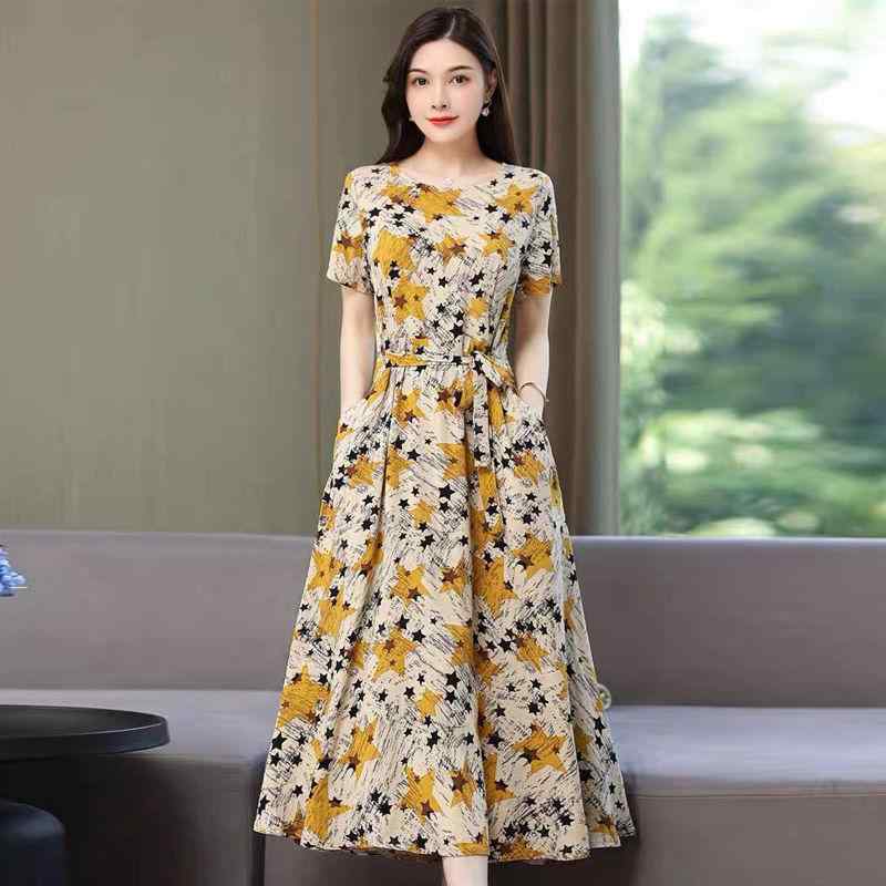 ワンピース レディース カジュアル 綿麻 花柄 マキシ丈 ロングワンピース 着痩せ 体型カバー ハイウエスト ウエストゴム 半袖 クルーネック 春夏 ミセス 上品 ストリートファッション