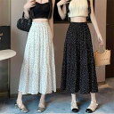 スカート レディース 女性用 ドット柄 水玉模様 シフォン ポリエステル 春夏 ミディ丈 ミモレ丈 ハイウエスト Aライン フレア プリーツ 体型カバー ヒップカバー 着痩せ 細見え 低身長向け 通勤 オフィス エレガント きれいめ ブラック ホワイト