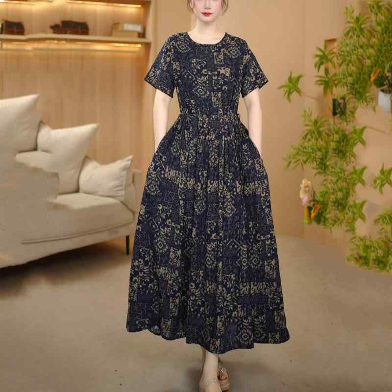 ワンピース レディース レトロ 上品 エレガント 綿麻 コットンリネン ラウンドネック 半袖 ウエストマーク リボン 花柄 プリント 着痩せ 体型カバー Aライン フレア ロング丈 マキシ 夏 お出かけ リゾート