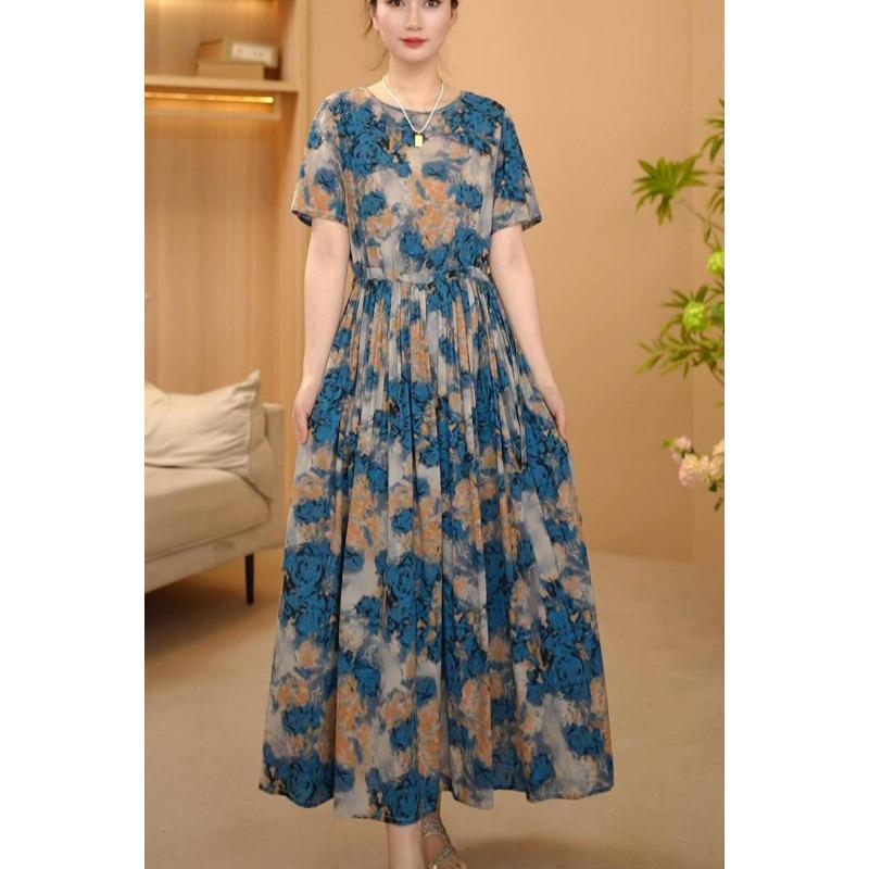 ワンピース レディース レトロ ヴィンテージ風 民族風 綿麻 コットンリネン プリント 花柄 ゆったりルーズ ウエストマーク 細見え体型カバー Aラインフレア ロングマキシ丈 上品エレガント 高級感 春夏 ブルー ローズ柄