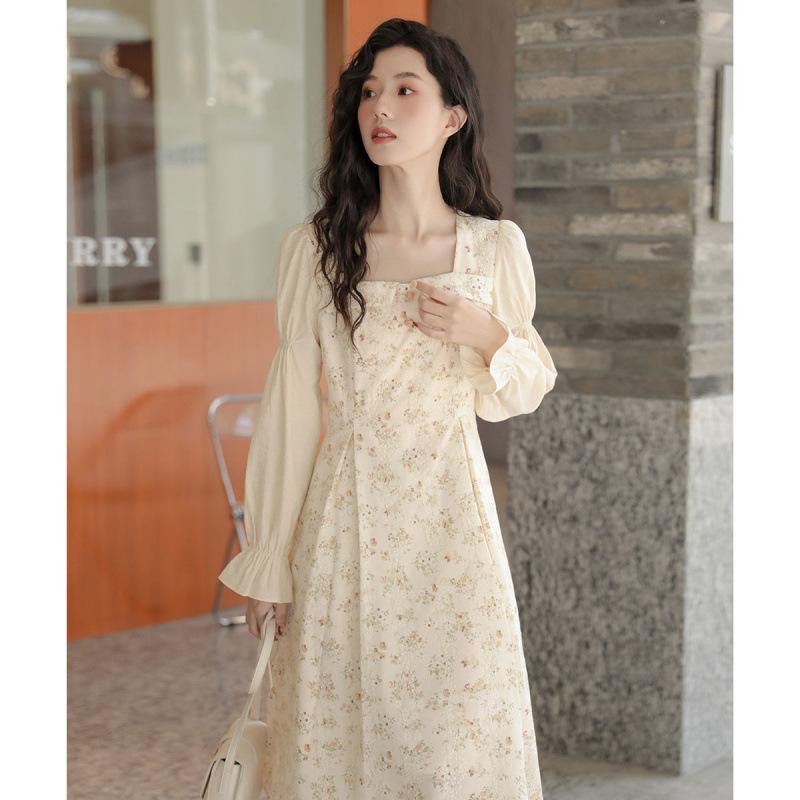 ワンピース レディース ドレス 小花柄 春夏 フレンチレトロ スクエアネック レース Aライン ロング丈 マキシ丈 半袖 ハイウエスト ポリエステル カジュアル デート エレガント