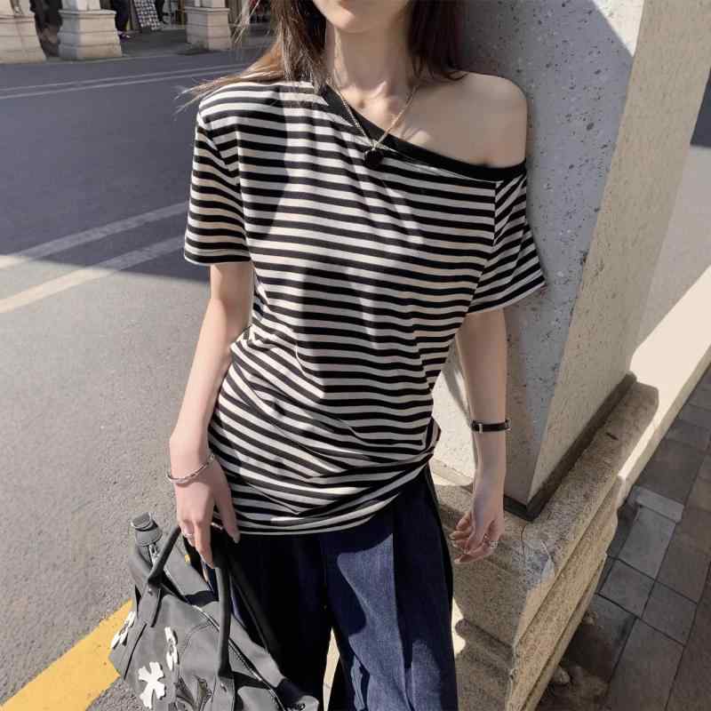 Tシャツ レディース オフショルダー 半袖 ボーダートップス ゆったり 体型カバー 黒 ブラック きれいめカジュアル 春夏 再生繊維 ポリエステル ミドル丈