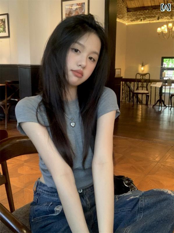 Tシャツ レディース 半袖 切り替え バックオープン ストラップ クルーネック スリムフィット ショート丈 カジュアル 上品 通勤 オフィス ポリエステル 無地 春夏