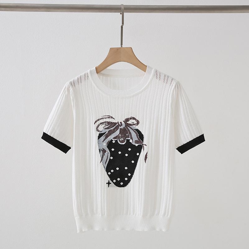 Tシャツ レディース いちご柄 ストロベリープリント 半袖 ショート丈 スリムフィット ラウンドネック ポリエステル かわいい おしゃれ 細見え スタイルアップ カジュアル 普段使い 春夏