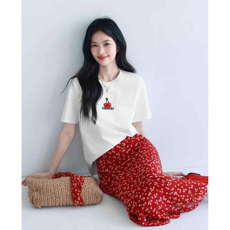 Tシャツ レディース チェリー 英字刺繍 半袖 トップス 綿 コットン ポリエステル素材 クルーネック 丸首 ゆったり ルーズフィット ビッグシルエット 普段使い カジュアル 春夏 オフホワイト アイボリー