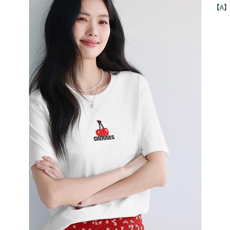 Tシャツ レディース チェリー 英字刺繍 半袖 トップス 綿 コットン ポリエステル素材 クルーネック 丸首 ゆったり ルーズフィット ビッグシルエット 普段使い カジュアル 春夏 オフホワイト アイボリー