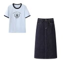 スカート セットアップ レディース 半袖 プリント Tシャツ 配色切り替え デニム ミディ丈 スカート ドレープ感 綿 ポリエステル素材 春夏 カジュアル 日常使い