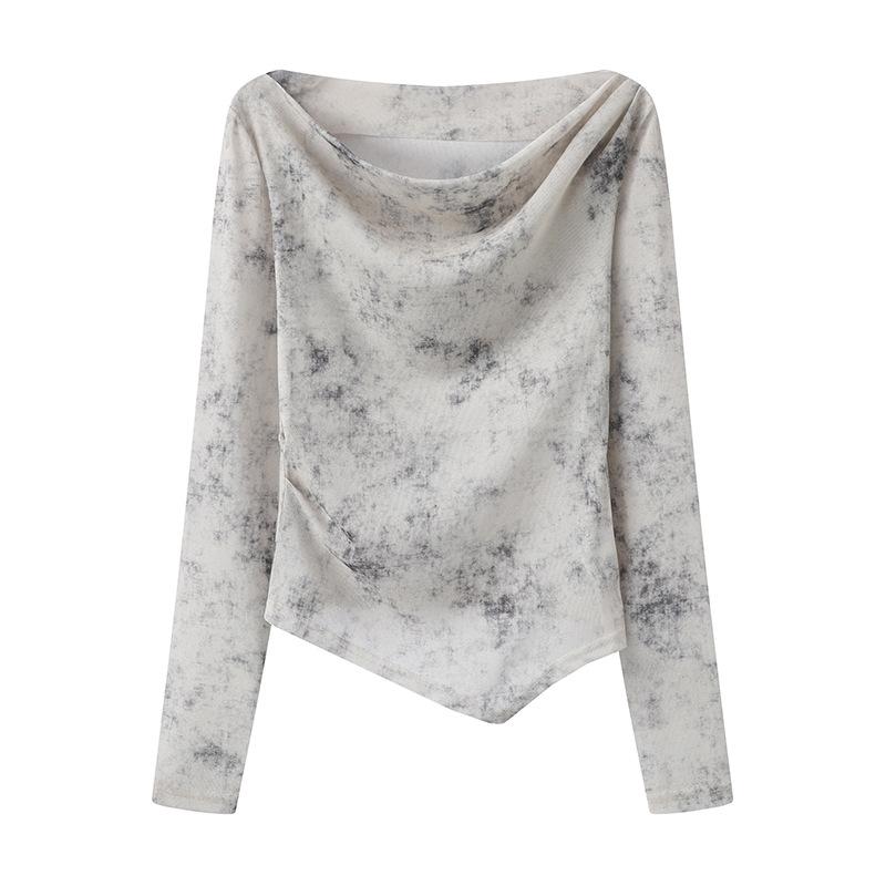 Tシャツ レディース 春夏 レトロ アシンメトリー ドレープネック カウルネック メッシュ ショート丈 タ..