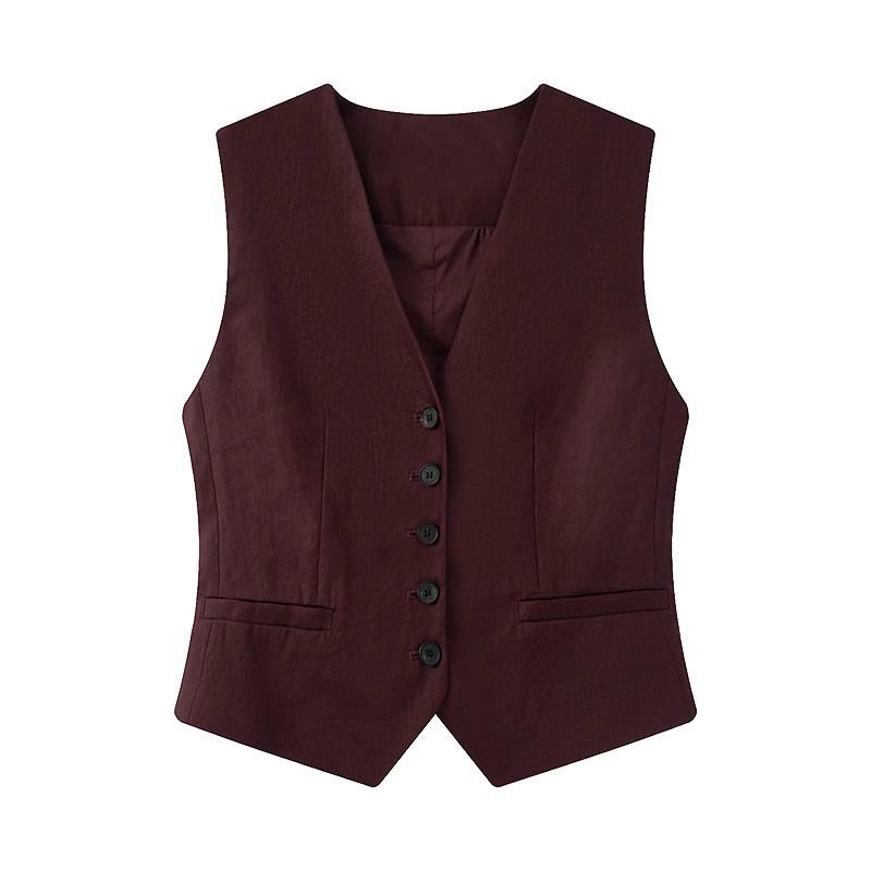 Sleeveless - ジレ レディース 春夏 Vネック ノースリーブ カジュアル ベスト ポリエステル フィグカラー くすみピンク ゆったり 着回し 普段使い お出かけ ミドル丈 シングルボタン 日韓風