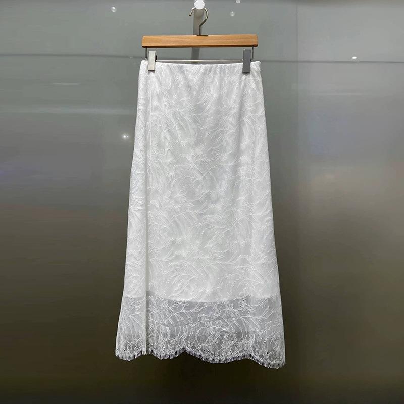 スカート レディース 春夏 通勤 オフィス お出かけ 普段使い ハイウエスト 着痩せ スタイルアップ ストレート ロング丈 マキシ丈 レース 切り替え ポリエステル オフホワイト エクリュ
