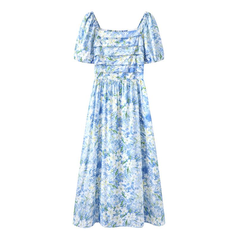 ワンピース レディース 女性用 スクエアネック パフスリーブ 半袖 小花柄 花柄 ボタニカル柄 プリント ロング丈 マキシ丈 Aライン リゾート ビーチ 海辺 旅行 普段使い タウンユース エレガント 上品 フェミニン きれいめ レーヨン ブルー 春夏