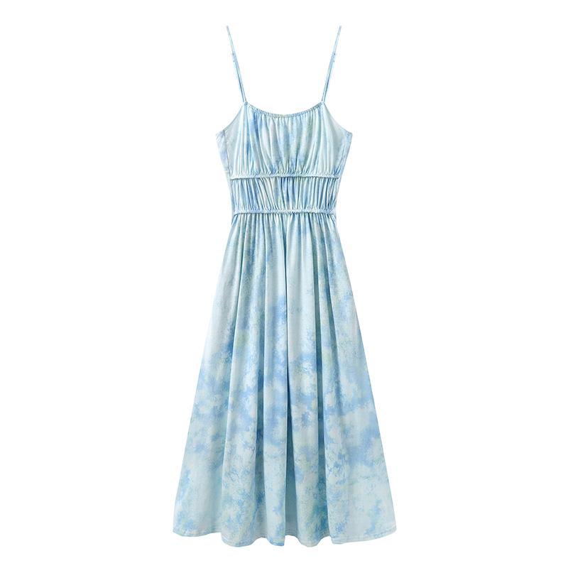 ワンピース レディース 夏 リゾート風 バカンス お出かけ ゆったり ルーズ ライトブルー 水 花柄 フラワープリント キャミソール ロング丈 マキシ丈 ポリエステル ノースリーブ Aライン 上品 エレガント
