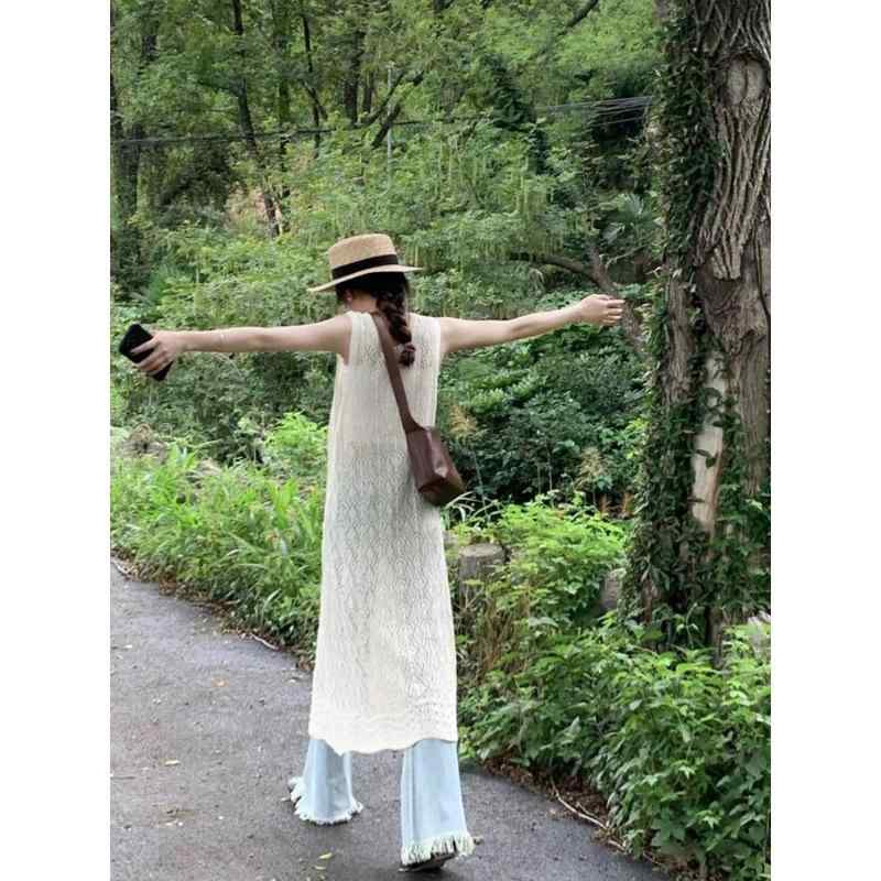 ワンピース レディース 春夏 レイヤードスタイル ニットベストワンピース 透かし編み 薄手 Aライン バック スリット ロング丈 マキシ丈 ラウンドネック ゆったり フェミニン ポリエステル 無地 ホワイト アイボリー ブラック