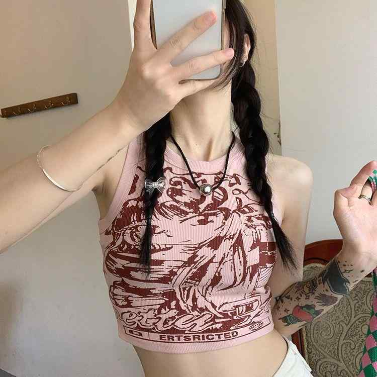 トップス レディース アメカジ レトロ Iライン タンクトップ ノースリーブ ショート丈 スリムフィット ピンク アプリコット 甘辛 ギャルスタイル ストレッチ スポーツ 速乾 春夏 外出着 カジュアル