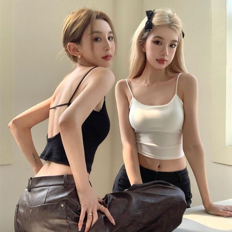 トップス レディース 女性用 春夏 ショート丈 セクシー 肌見せ 背中見せ カップ付き タンクトップ キャミソール タイト スリムフィット ストレッチ コットン 綿 ブラック ホワイト グレー 普段使い カジュアル