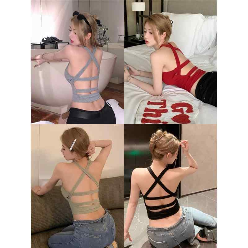 トップス レディース カップ付き クロスストラップ バックオープン セクシー おしゃれ キャミソール タンクトップ レッド 赤 インナー アウター 重ね着 普段使い 春夏 スリムフィット 伸縮性 綿混