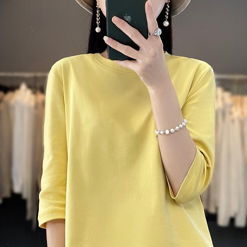 Tシャツ レディース トップス 女性用 春夏 クルーネック 丸首 綿 コットン コーマ綿 七分袖 ミドルスリーブ マカロンカラー 無地 ゆったり ビッグシルエット 小柄向け インナー 普段使い カジュアル 甘め